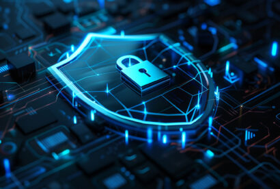 3D illustration of shield with lock and digital data network, blue color theme, isometric view, on dark background, concept for cyber security technology or online protection, detailed design, high resolution --ar 16:9 Job ID: fd295fbe-f95b-4c9b-a74c-1a67df883f9c