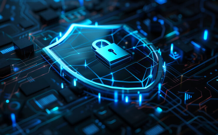 3D illustration of shield with lock and digital data network, blue color theme, isometric view, on dark background, concept for cyber security technology or online protection, detailed design, high resolution --ar 16:9 Job ID: fd295fbe-f95b-4c9b-a74c-1a67df883f9c